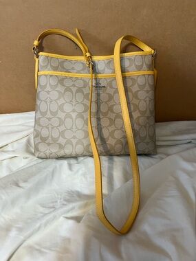 Coach Beige Signature Crossbody with Yellow Trim